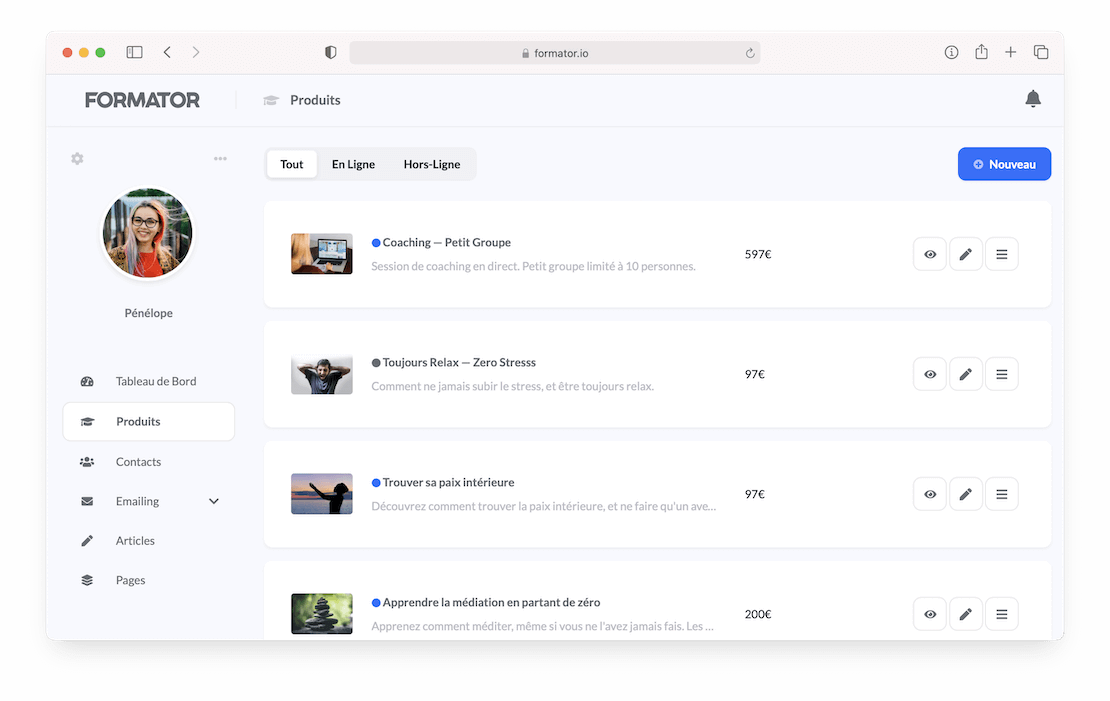 Interface de la plateforme de formations en ligne Formator.io : liste des formations avec leur prix et leur statut de publication