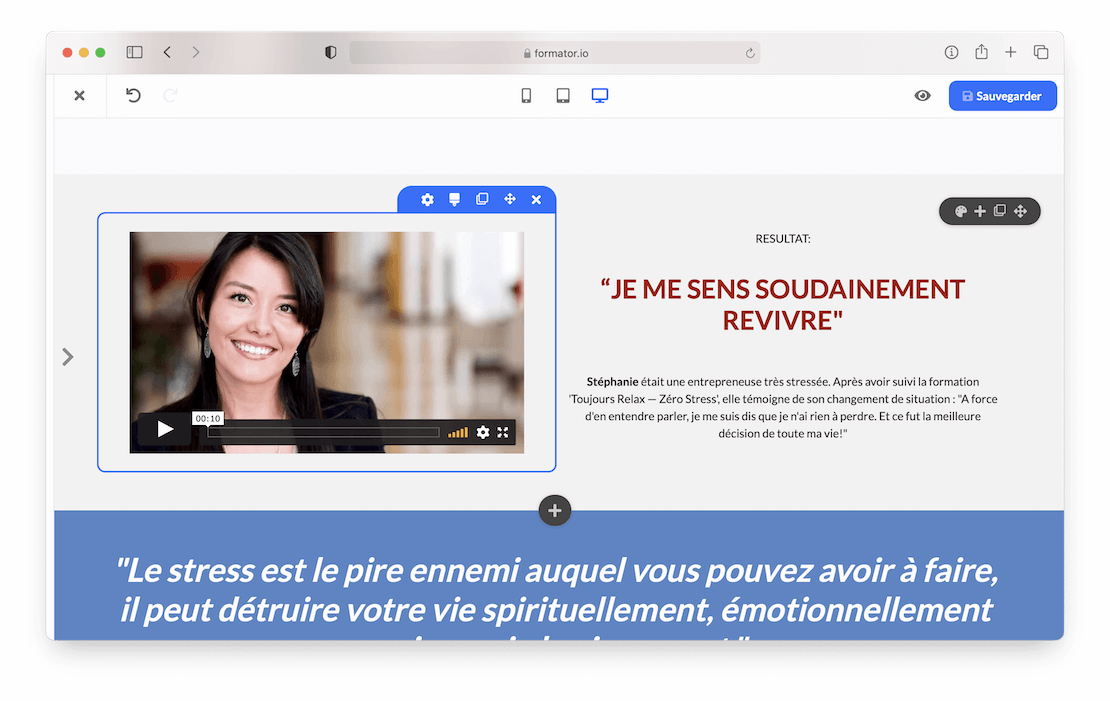 Éditeur visuel de pages de Formator.io, avec blocs déplaçables