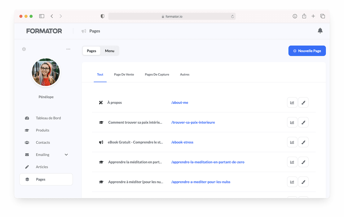 Gestion des pages de vente et des pages de capture dans Formator.io